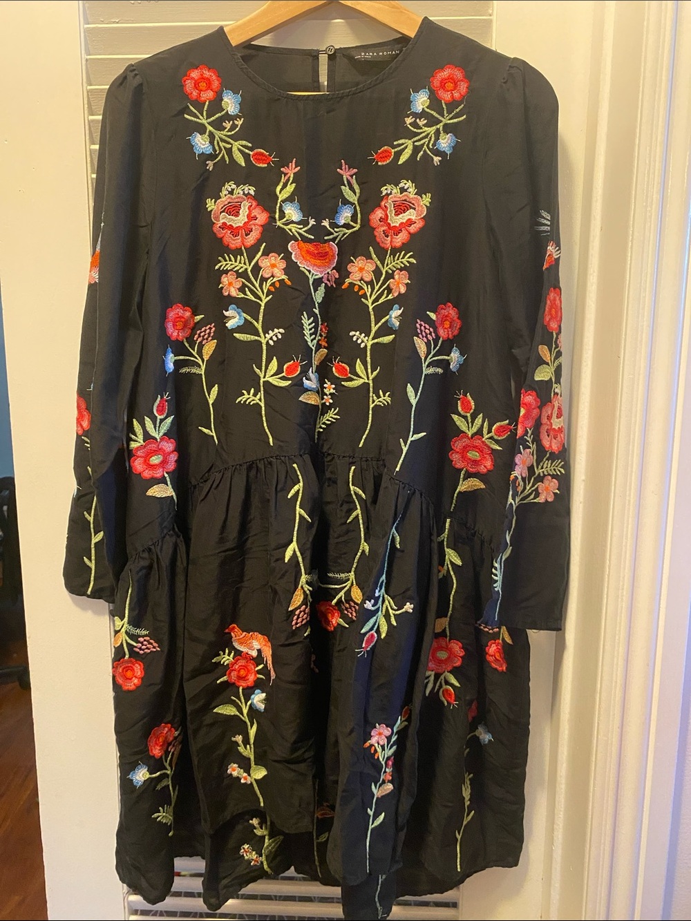 Zara Black Babydoll Dress with Multicolor Floral Embroidery